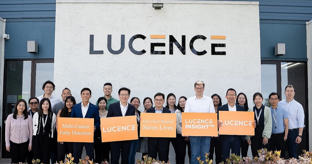 Dr Tan (front row, second from left) and his team with DPM Heng Swee Keat (front row, third from left) at the opening of Lucence’s lab in Palo Alto in 2020