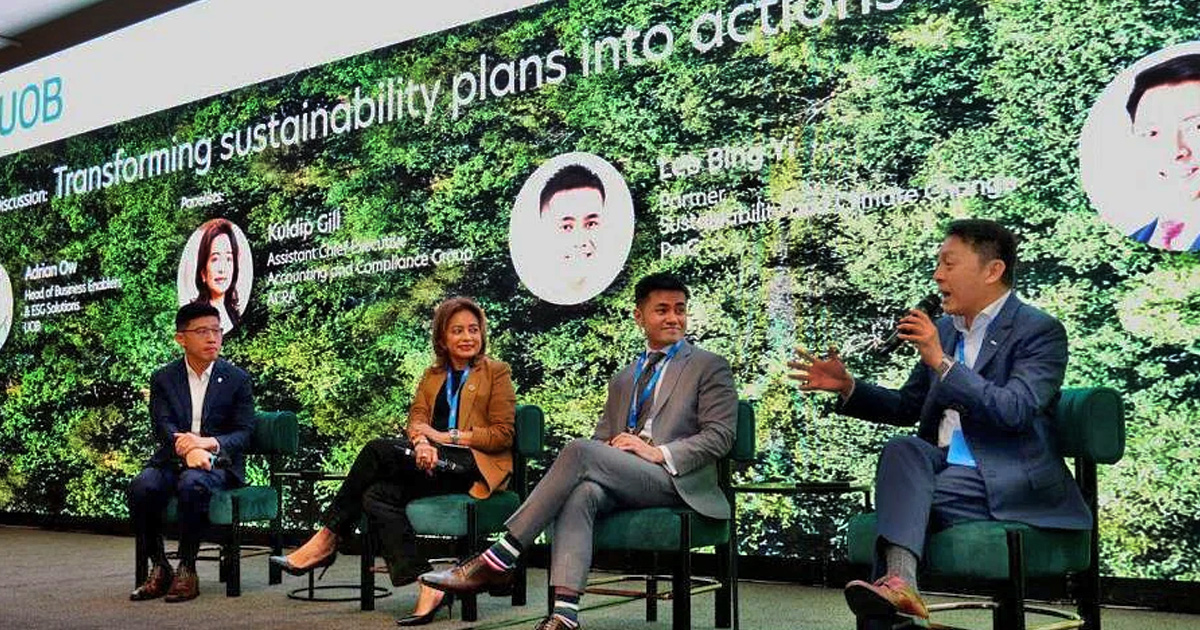 At a panel discussion on transforming sustainability plans into action were (from right) Keppel Land CEO Louis Lim, PwC partner Lee Bing Yi, and Acra assistant CEO Kuldip Gill. The discussion was moderated by Adrian Ow, UOB's head of business enablers and ESG solutions. PHOTO: UOB