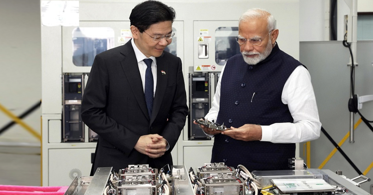 PM Lawrence Wong (left) and his Indian counterpart Narendra Modi touring the semiconductor facility of AEM Singapore on Sept 5.