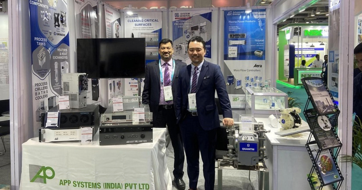 APP Systems Services’ general manager for sales Ronald Yeu (right) and country manager for India Sendil Kumaran at Semicon India 2024 in September. 